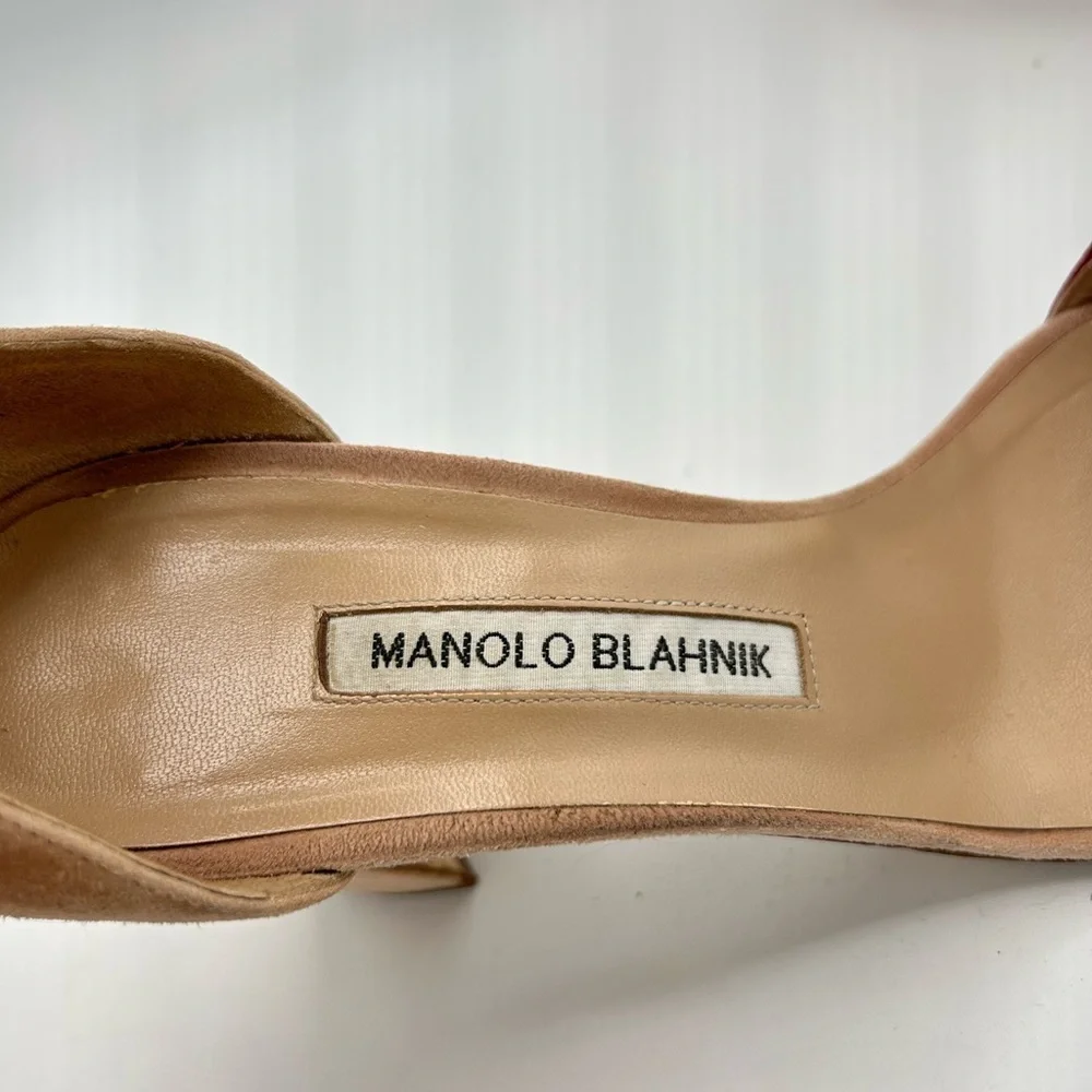 Manolo Blahnik Sz 38 Red and Tan Heels Lauratomod Velukid Block Sandals NO BOX - Picture 12 of 13